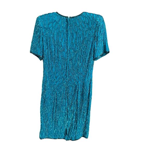 Vintage Stenay 100% Silk Aqua Full Sequin Cocktail Dress Beaded Neck Womens 8 - Picture 5 of 6